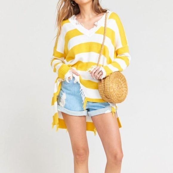 Show Me Your MuMu Sweaters - Show Me Your Mumu Delphina Distressed Ruby Yellow Striped Sweater Large